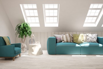 Stylish room in white color with blue sofa. Scandinavian interior design. 3D illustration
