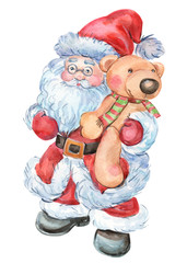 Santa Claus with a bear on an isolated white background, watercolor illustration, Christmas