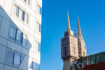 Tower of Zagreb’s catholic cathedral, neo gothic style, Upper Town, Zagreb, Croatia, popular...