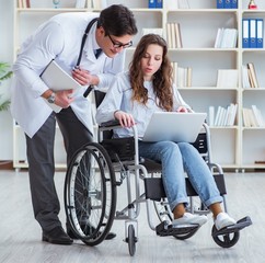 Disabled patient on wheelchair visiting doctor for regular check