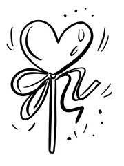 The icon of a Lollipop in the shape of a heart with a ribbon. Sweetness. candy. Hand-drawn