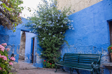 Blue internal courtyard with bench in the Monastery of Santa Catalina de Siena is a monastery of nuns of the Dominican Second Order, located in Arequipa (Peru)