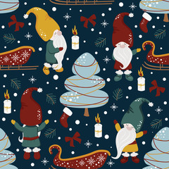 seamless pattern with gnomes and christmas night - vector illustration, eps