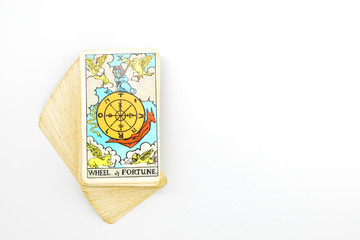 Wheel of fortune tarot cards free space on white background.
