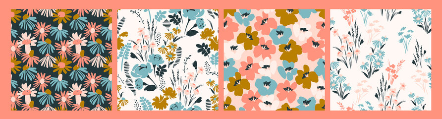 Fototapeta na wymiar Floral abstract seamless patterns. Vector design for different surfases.