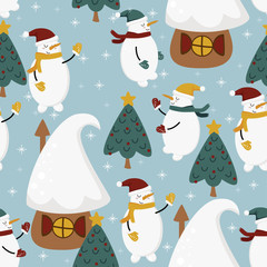 seamless pattern with snowmen and houses - vector illustration, eps