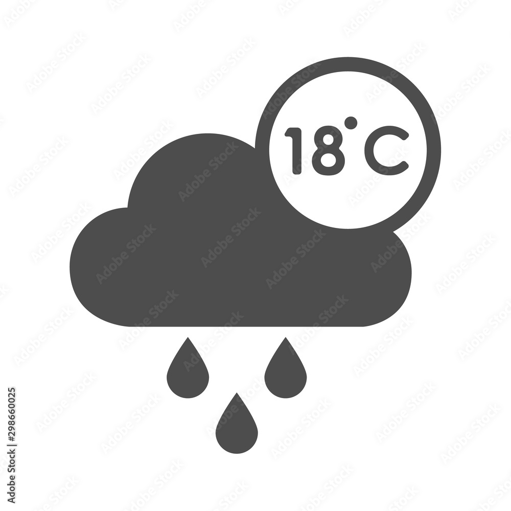 Poster weather cloud icon with raindrops showing temperature 18 degrees celsius silhouette vector icon. met