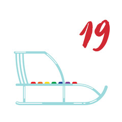 Vector Christmas advent calendar. Winter holidays poster with date 19 december. Cute day decoration. Sled concept.