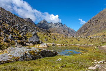 Fototapeta na wymiar Panoramic view of the Andes. Ascent to the foot of Mount Salkantay (Peru)