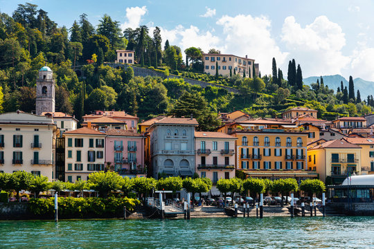 View from Lake Como to the city of Bellagio on a sunny day. Northern Italy