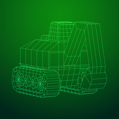 Excavator heavy equipment construction company. Wireframe low poly mesh vector illustration
