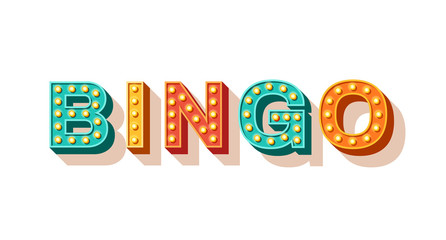 Bingo vector typography. Lottery retro glowing lettering. Game of chance and casino concept. Sparkly 3d signboard with neon light bulbs. Vintage volumetric letters isolated on white background - obrazy, fototapety, plakaty