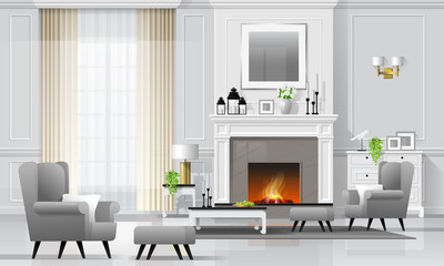 Naklejka premium Luxury living room interior background with fireplace and furniture in classic style , vector , illustration