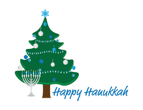 Hanukkah Bush with Blue White Decorations, Menorah with Blue White Candles and Happy Hanukkah Text on White Background