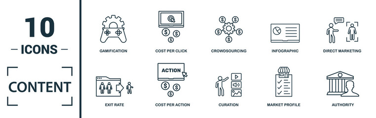Content icon set. Include creative elements cost per click, crowdsourcing, curation, exit rate, gamification icons. Can be used for report, presentation, diagram, web design