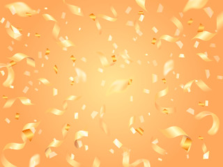 Golden confetti and serpentine background. Vector illustration banner or postcard