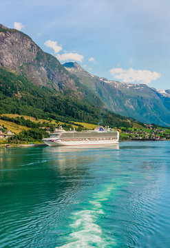 P&O Cruises cruise liner Ventura moored in Olden at the end of Innvikfjorden in western Norway