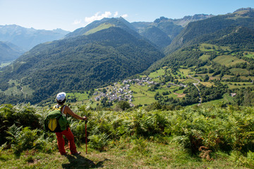 Fototapeta na wymiar Woman hiker in french Pyrenees mountains (plateau du Benou)
