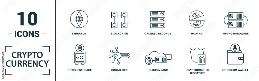 Poster crypto currency icon set. include creative elements decentralized, encrypted, ethereum wallet, node,