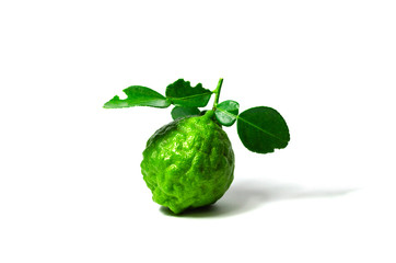 Green fresh bergamot fruit bergamia with leaf isolated on white background