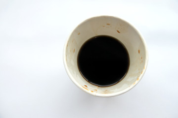 black coffee in a cup top view isolated on white background,recycle paper cup.