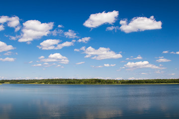 Summer lake, nature landscape sunny day