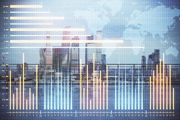 Forex graph with map hologram with city view from roof background. Double exposure. Financial analysis concept.