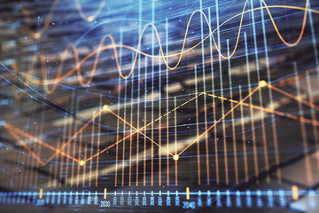 Financial chart hologram with abstract background. Double exposure. Concept of market analysis