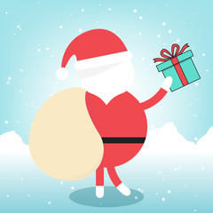 Santa Claus holding bag and gift box on snow background. Christmas character design.