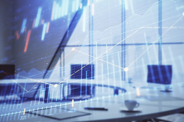 Double exposure of forex chart on conference room background. Concept of stock market analysis