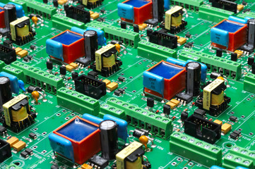 Many green PCB microcircuit board