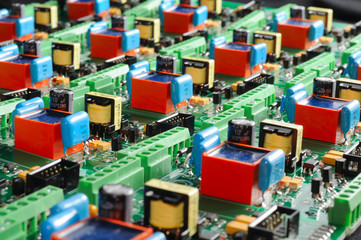 Many green PCB microcircuit board