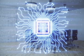 Double exposure of brain drawing hologram on conference room background. Concept of data analysis
