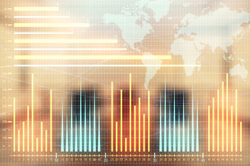 Double exposure of stock market graph with globe hologram on conference room background. Concept of international finance