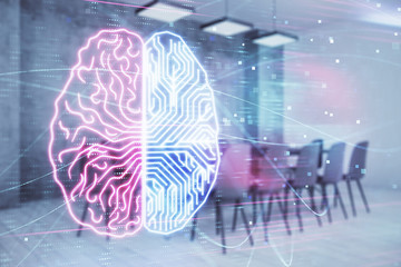 Double exposure of brain drawing hologram on conference room background. Concept of data analysis