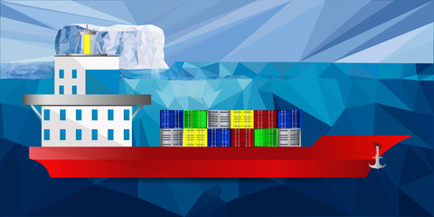 Water container ship. Cargo transportation by water. A ship in sailing. Difficult transport routes for cargo transportation