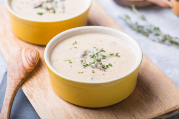A bowl of delicious homemade cream of mushroom soup.