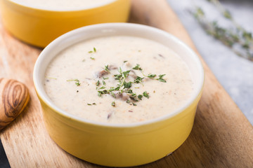 A bowl of delicious homemade cream of mushroom soup.