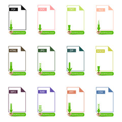 Vector file extensions icons set: docx, html, jpg, zip, csv, ppt, xls, rar, pdf, mp3, txt, doc. Download Buttons Icon For Websites. Download arrows.