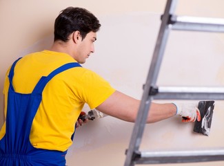 Young contractor employee applying plaster on wall