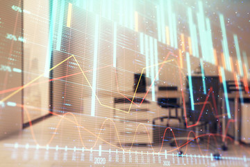 Stock market chart with trading desk bank office interior on background. Double exposure. Concept of financial analysis