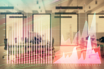 Stock market chart with trading desk bank office interior on background. Double exposure. Concept of financial analysis