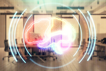 Human brain drawing with office interior on background. Double exposure. Concept of innovation.