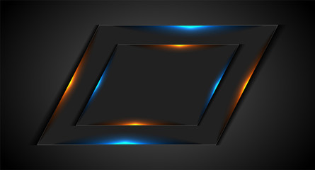 Abstract dark geometric frame with blue orange glowing neon lights. Technology vector design