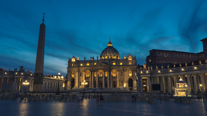 A night picture of The Papal Basilica of St. Peter in the Vatican. St Peter's, Bernini's colonnade...