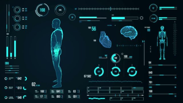 Futuristic medical user interface with HUD and infographic elements. Virtual technology background. Head-up display template for business, games, motion design, web and app. Human anatomy scan.
