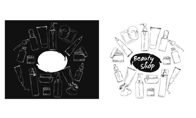 Korean cosmetics. Set of beauty salon banners with hand draw doodle backgrounds, chalk drawn cosmetic eyelashes jars and tubes, Chalkboard set  hand drawn cosmetics and perfume