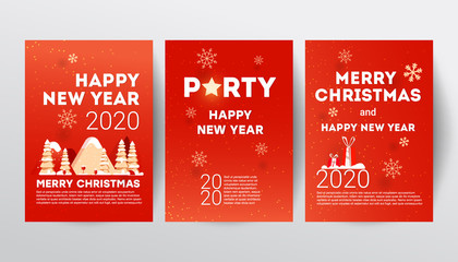 Merry Christmas party invitation poster template set with mountains, spruce trees, gifts background and calligraphy text.
