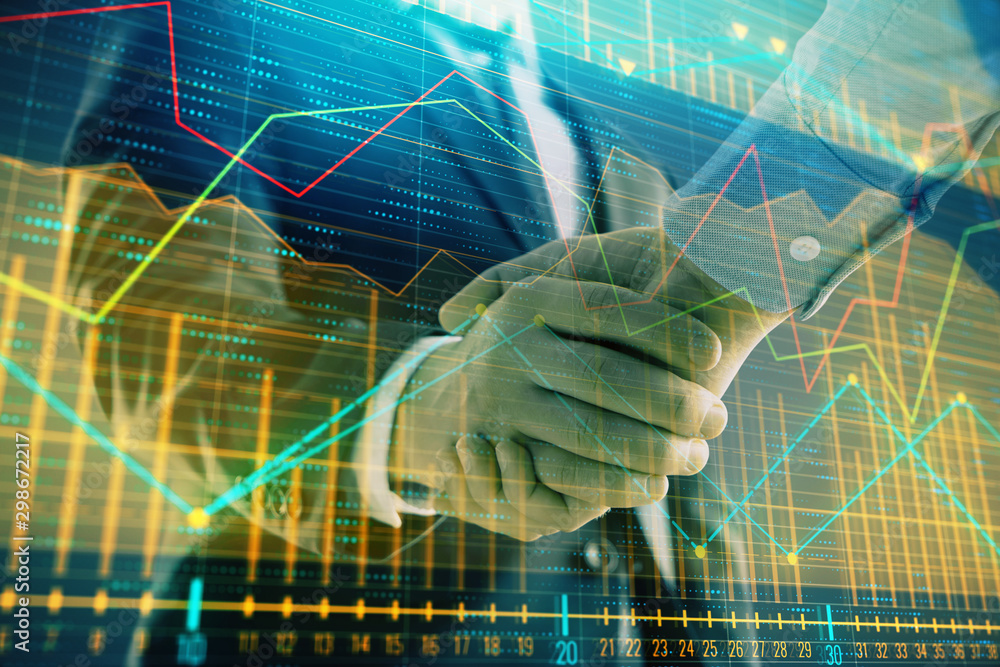 Poster multi exposure of forex graph on abstract background with two businessmen handshake. concept of succ