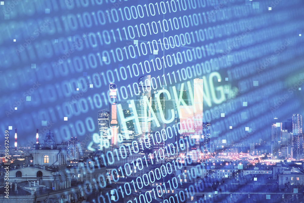 Poster double exposure of hacking theme drawing hologram on cityscape background. concept of data cyber pir